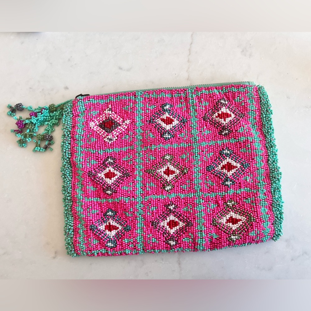 Anthropologie Jasper & Jeera beaded clutch bag purse BOHO pink teal - Picture 3 of 7
